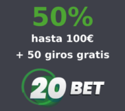 50% hasta 100€ + 50 giros gratis para Great Rhino Megaways en 20bet Casino con codigo